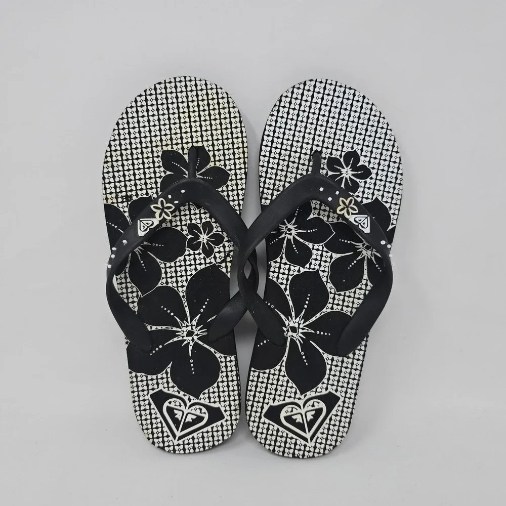 Roxy Womens Black White Floral Studded Flip Flop Sandals Size 9